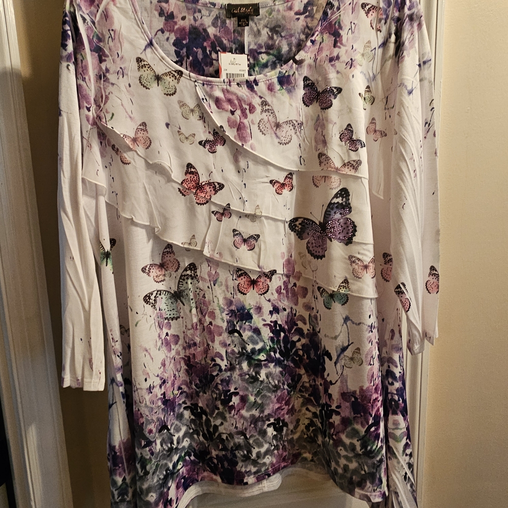 White and Purple Butterfly Print Blouse